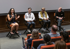 ASOC President Trisha Bhima moderates a panel of trustees during Occidental's Homecoming Weekend