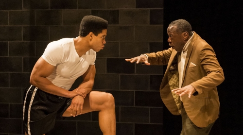 Two Black actors on a stage in Will Power's play