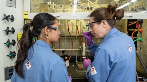 Kaylee Nguyen and Professor Despagnet-Ayoub working together in the chemistry lab
