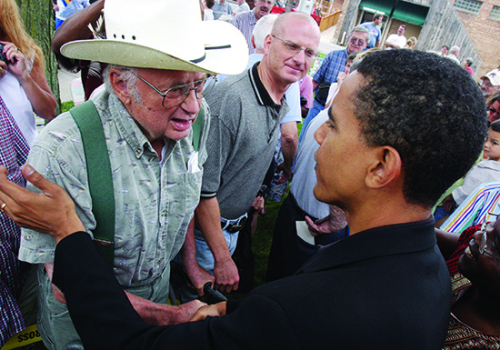 In August 2004, Obama pressed the flesh with supporters of all stripes on a five-day, 39-town swing through rural Illinois.