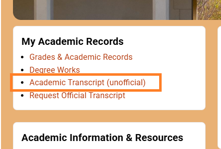 Instructional screenshot for locating unofficial transcript 