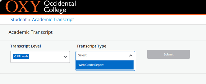 Instructional screenshot for locating unofficial transcript 