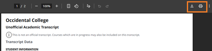 Instructional screenshot for locating unofficial transcript 