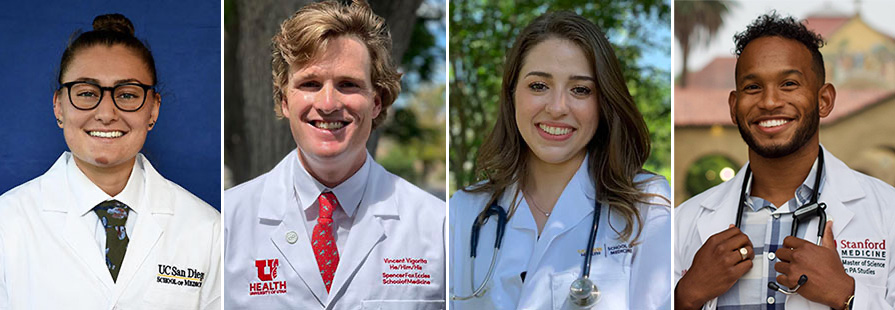 Four Occidental College alumni posing in their "white coats" for medical school